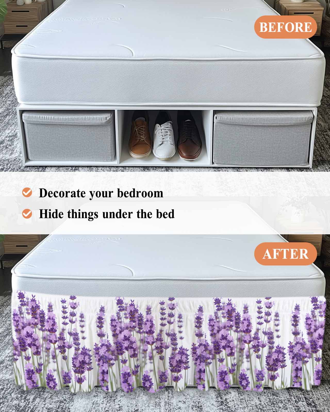 Purple Lavender Wrap Around Bed Skirts for King Bed 16" Drop,Bed Skirt with Adjustable Elastic Belt Dust Ruffle Bed Valance for Bedroom Hotel Farmhouse Pastoral Botanical Floral Bed Frame Cover