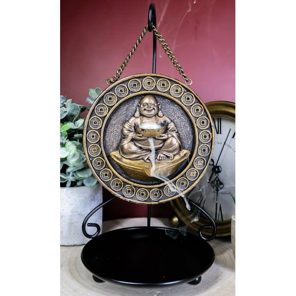 Feng Shui Lucky Buddha Hotei Medallion Backflow Incense Burner With Stand 9.75"H