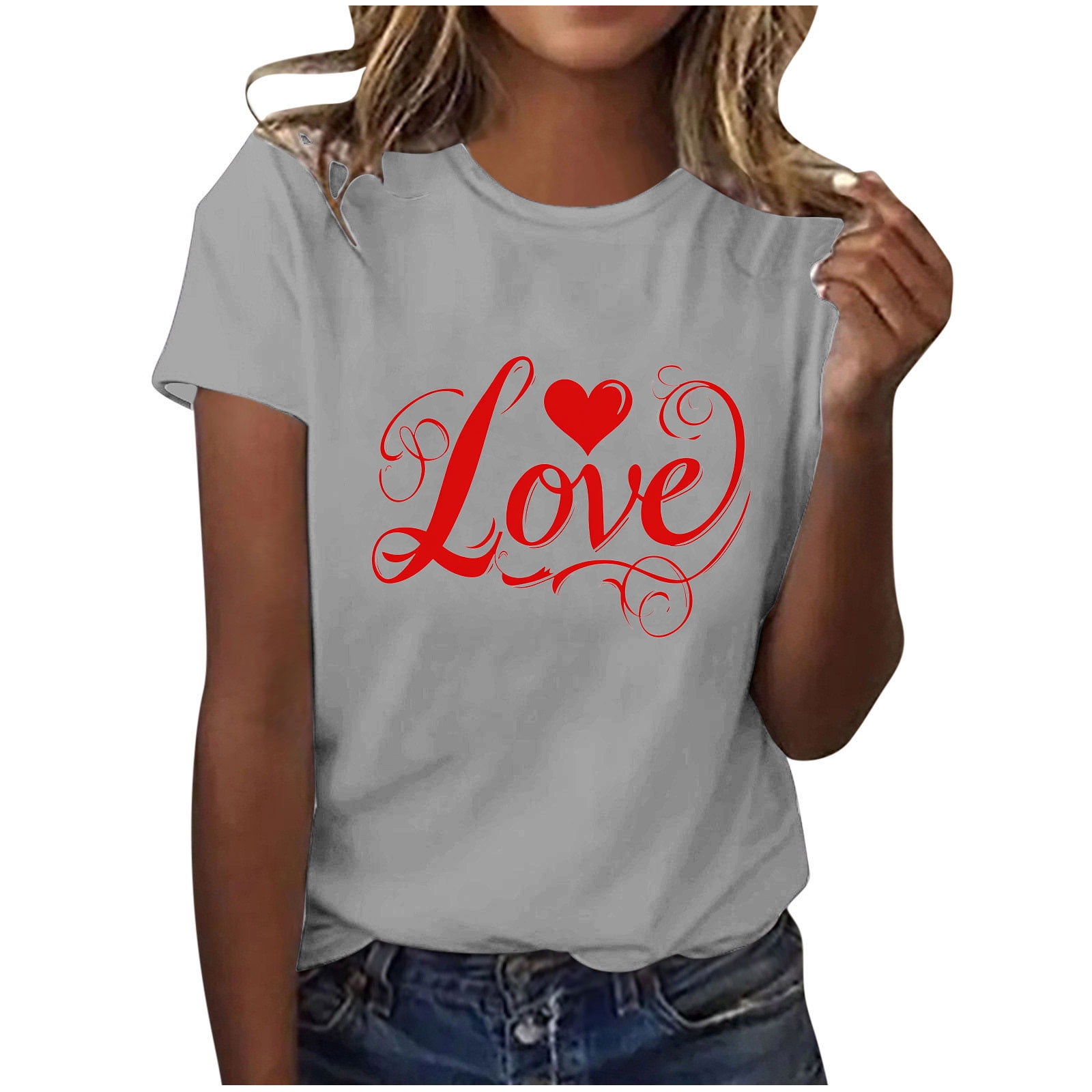 Women's Valentine's Day Love Heart Print Short Sleeve Top - Cute Graphic Tee For Her (Grey, Multiple Sizes) - View #6