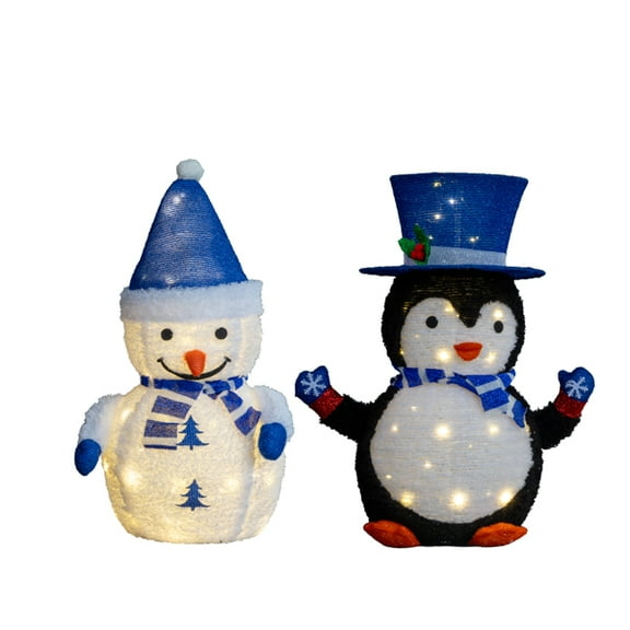 2-Pack Lighted Christmas Decorations, Plush Penguin & Snowman, 100 Warm White LEDs, Pull-Up Design for Indoor, Outdoor Use
