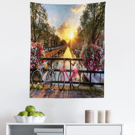 City Tapestry, Holland Amsterdan Urban Photo with Sunset over Canal and Bicycles Floral Balls, Fabric Wall Hanging Decor for Bedroom Living Room Dorm, 5 Sizes, Multicolor, by Ambesonne