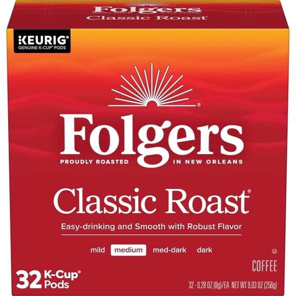 Folgers Classic Roast, Medium Roast Coffee, Keurig K Cup Pods, 32 Count Box