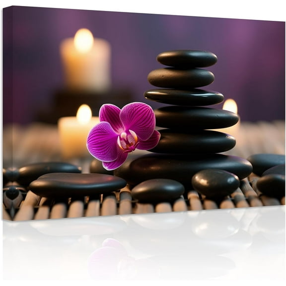 ZHONGYUTONG Spa Bathroom Wall Art Orchid Pebble Candle Picture Zen Paintings Meditation Canvas Prints for Spa Room Wall Decor Framed (12.00" x 18.00")