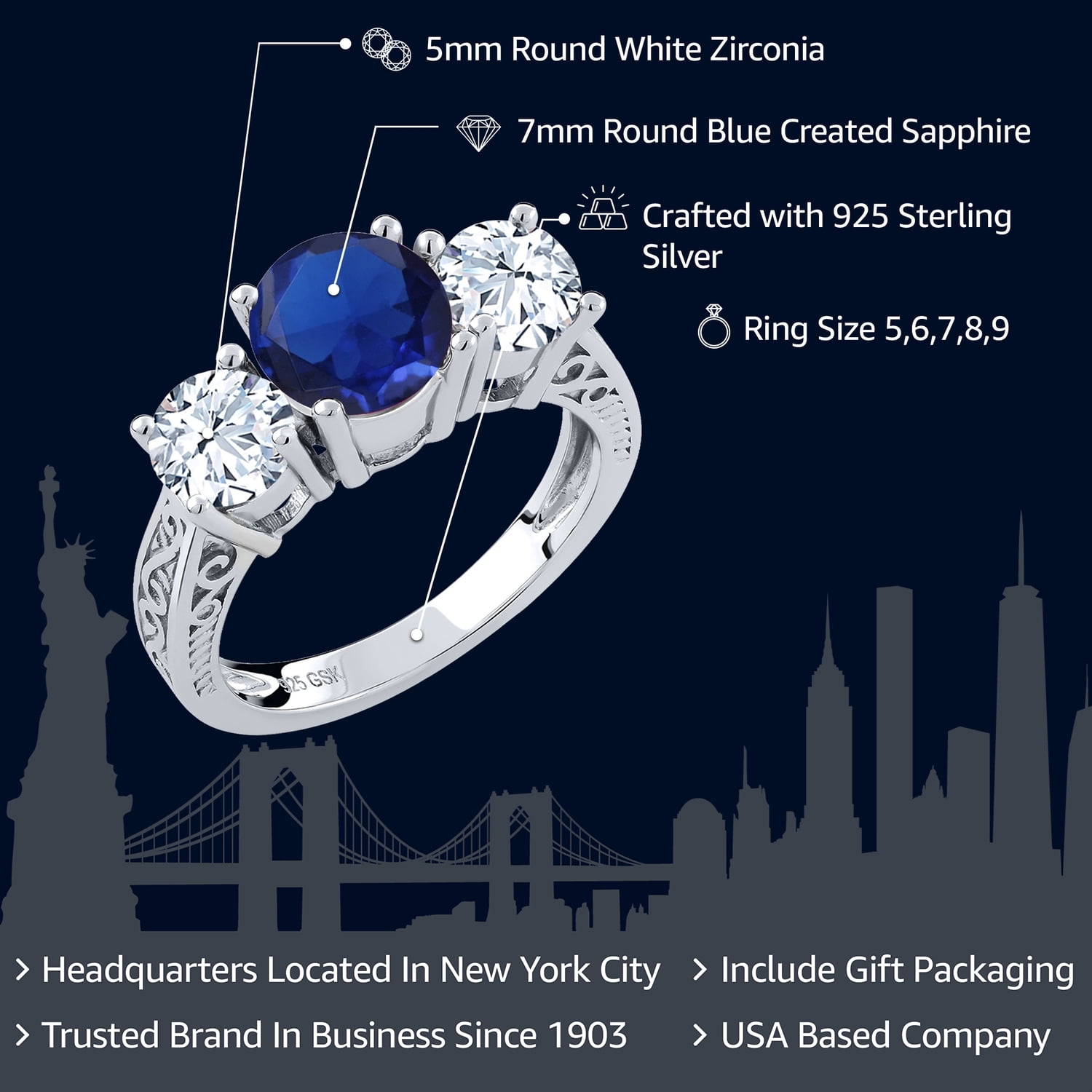 Gem Stone King 3.17 Cttw Blue Created Sapphire 3-Stone Engagement Ring for Women | 925 Sterling Silver | Three Stone Wedding Engagement Anniversary Promise Ring (Size 6)