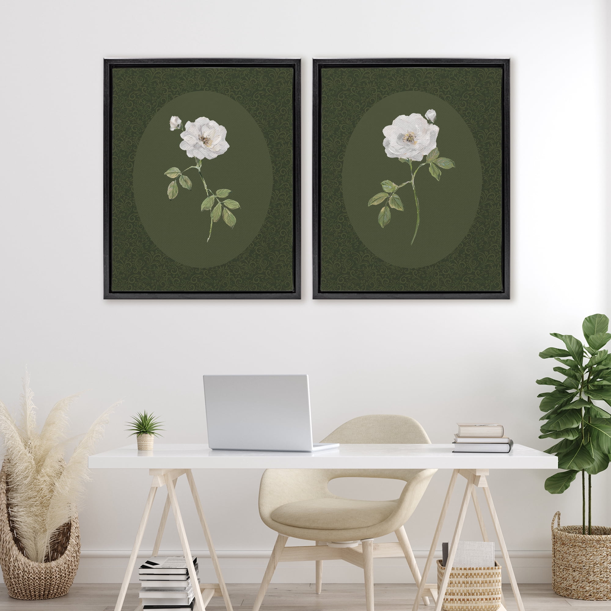 Stupell Industries Ornate Rose Studies over Emerald 2 Piece Black Framed Floater Canvas Set, design by Sally Swatland