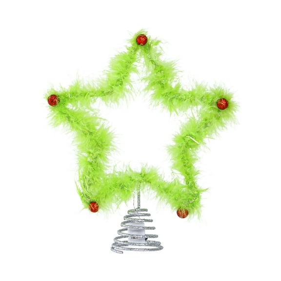 10 Inch Christmas Tree Top Star Ornament, Green Plush Star With Metal Bracket And Warm LED Light Festival Decoration