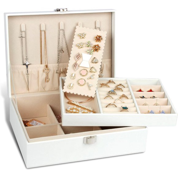 GUKA Jewelry Box Organizer for Women Girls 2 Layers Display Storage case Jewelry Holder for Earring Ring Necklace Storage Case, Women Gift. White
