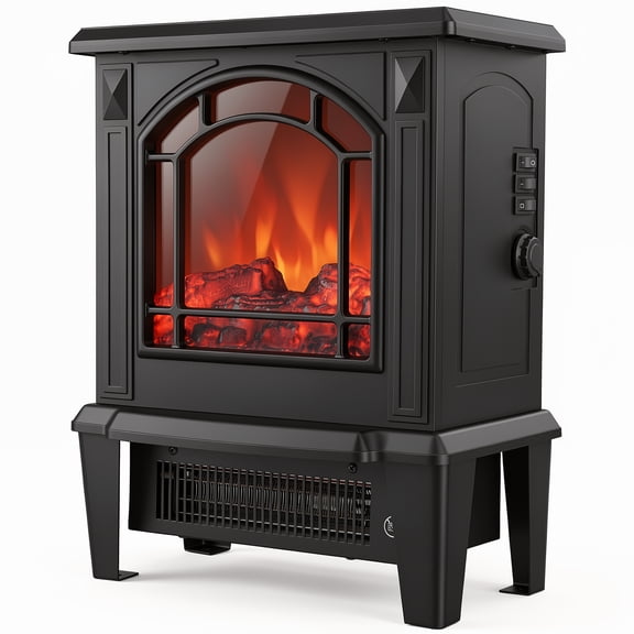 CONCETTA 1400W Freestanding Electric Fireplace Heater, Indoor Space Heater with 2 Heat Settings, Realistic Log & Flame Effect, Tip‑Over & Overheat Safety Protection, Black