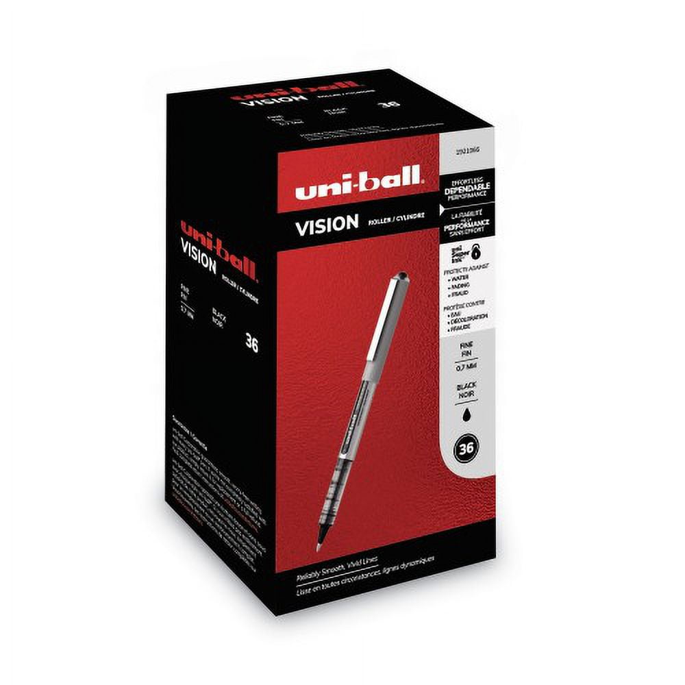 uni-ball VISION Roller Ball Pen, Stick, Fine 0.7 mm, Black Ink, Silver Barrel, 36/Pack