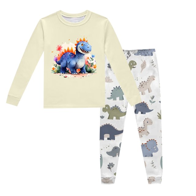 Pyjamas pour Enfants Garçons Ensemble de Pyjama Imprimé Dinosaure Col Rond Manches Longues Pantalon 2 Pcs Printemps Automne Pyjamas pour Enfants Beige 4 Ans-5 Ans