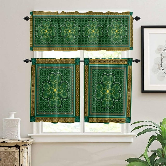 St. Patrick''s Day Green Clover Curtain Valance and Tiers Set for Kitchen Windows,Irish Shamrock Rod Pocket Panel Drapes,Spring Four Leaves Clover Tier Valances Window Treatment for Bedroom