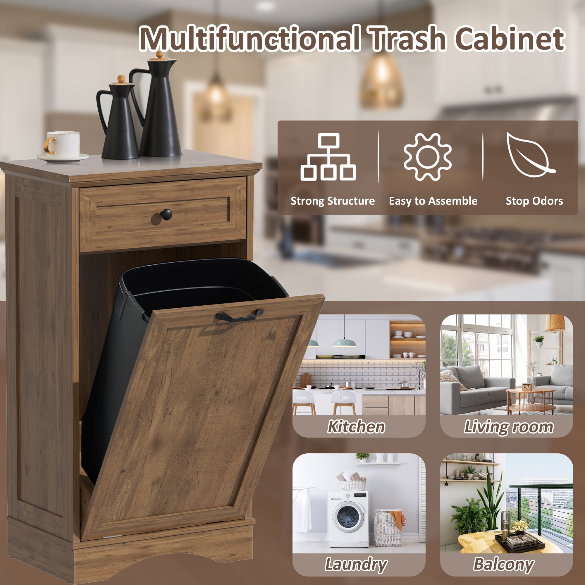 AHB 13 Gallon Tilt Out Kitchen Trash Cabinet with Drawer, Single Trash Can Storage Organizer, 20.9"L x 13.55"W x 38.5"H , Dark Wood