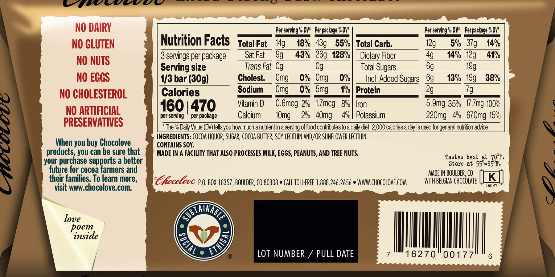 Chocolove Chocolate Bar, 77% Extra Strong Dark, 3.2 Ounce (Pack of 12)