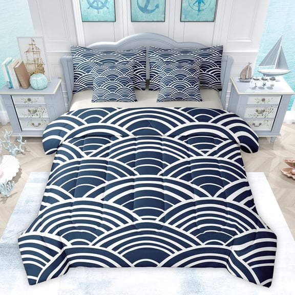 Feelyou Lake House Teens Twin Bedding Sets 7-Piece, Blue Stripes Abstract Bedding Comforter Set, Vintage Japanese Style Reversible Sheet Sets, Super Cozy Room Decor
