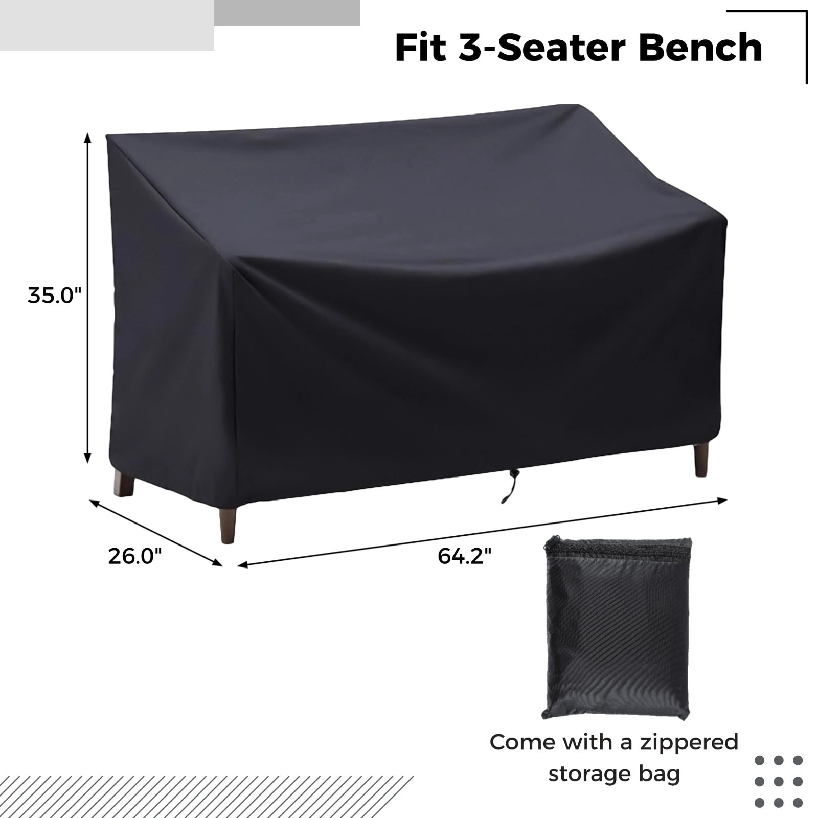 Heavy Duty 600D Outdoor Bench Cover for 3-Seater – Waterproof & UV Resistant Patio Furniture Cover with Air Vents, Windproof Straps & Storage Bag, 64.2" x 26" x 35", Black