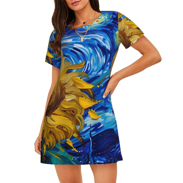 Fotbe Whimsical Sunflowers Night Sky Bata de Dormir para Mujer con Estampado, Camisón de Algodón de Manga Corta, Ropa de Dormir Casual