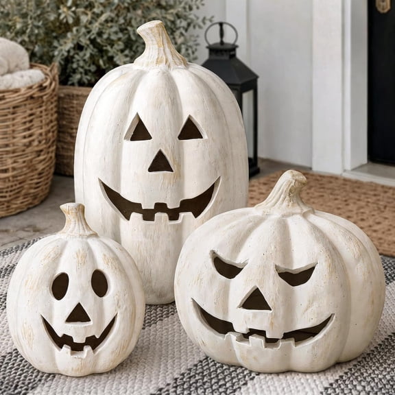 Halloween Decor - Fall Decorations for Home - 5.9" White Handmade Terracotta Jack-O-Lantern Pumpkin - Resin Indoor Funny Vintage Farmhouse Decoration for Room Front Porch lawn Desk Bedroom Fireplace