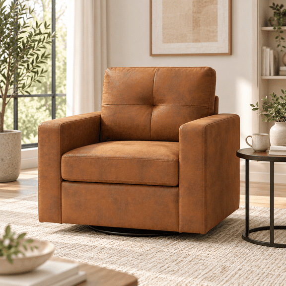 Aukfa 36" Mid-Century Modern Swivel Accent Chair, Tufted Reading Single Sofa Armchair with Padded Seat for Home Office Bedroom,Light Brown