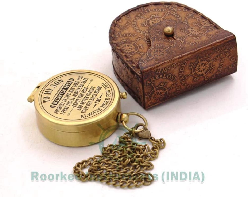Roorkee Instruments India Brass Golden Colored Engraved Compass with Imprinted Case