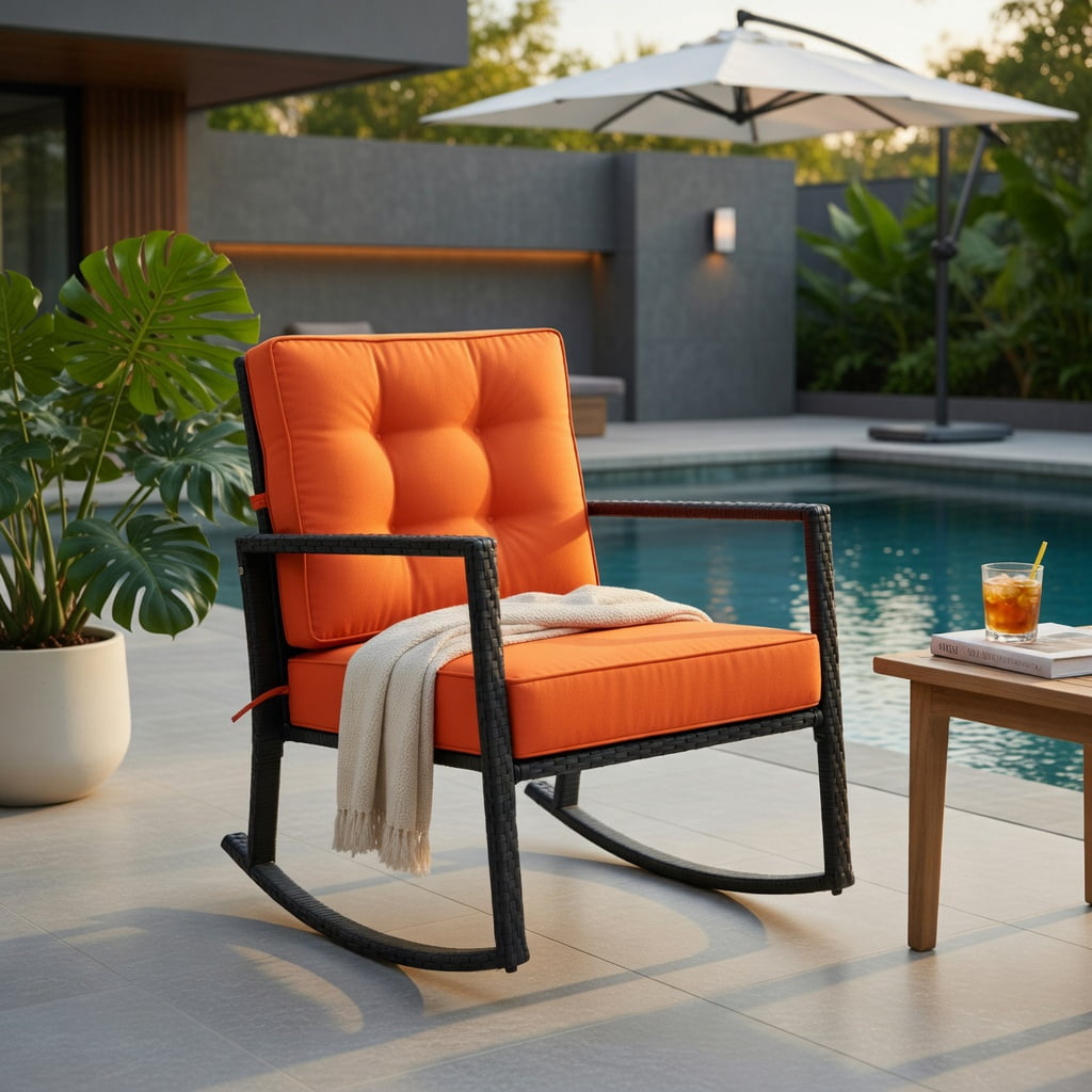 Hommoo Outdoor Rattan Rocking Chair with Thick Cushions, PE Wicker Glider for Patio, Backyard, Deck, Rustic Black Frame, Orange