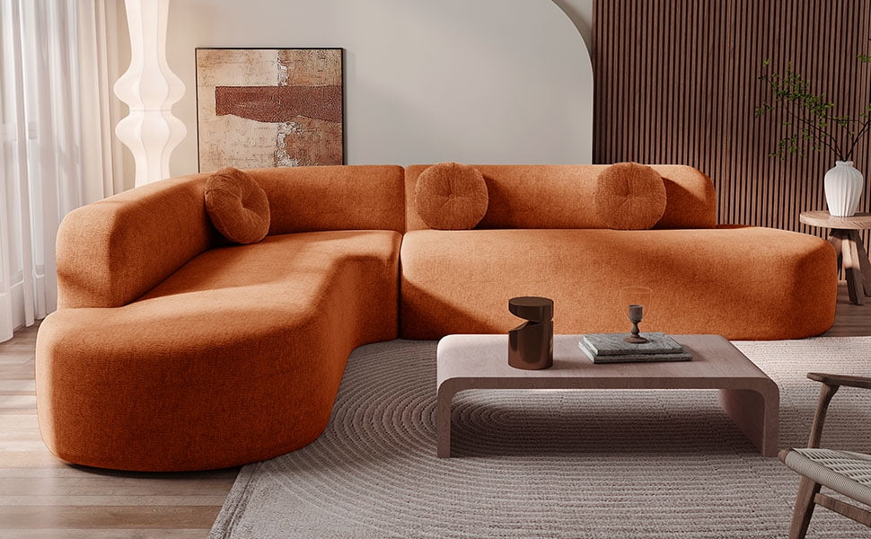 Noble House 122'' Extra Large Sectional Sofa Soft Fabric Upholstery, Elegant Curved Design,Orange