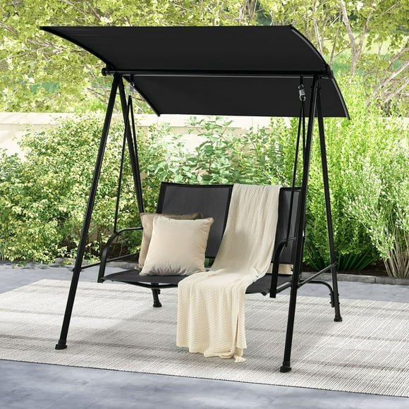 Gymax 2-Person Patio Swing Seat Swing Bench Canopy Swing Loveseat Outdoor Black