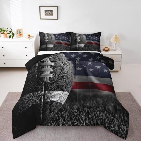 Feelyou 3D Rugby Print Queen Comforter Set for Kids, Vintage American Flag Bedding Sets, Modern Football Soccer Lover Reversible Bedding Comforter Set, Breathable Home Decor, 3-Piece