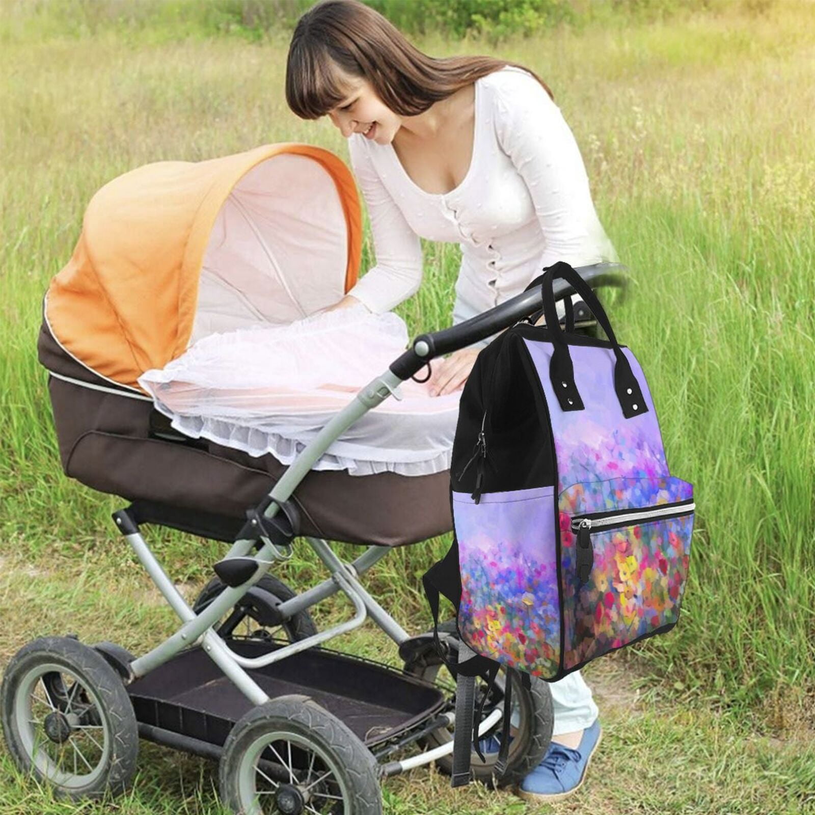 Ratiio Colorful Purple Cosmos Flower Mummy Backpack - Waterproof Twill Canvas, Large Capacity Diaper Bag with Multiple Pockets and Adjustable Straps