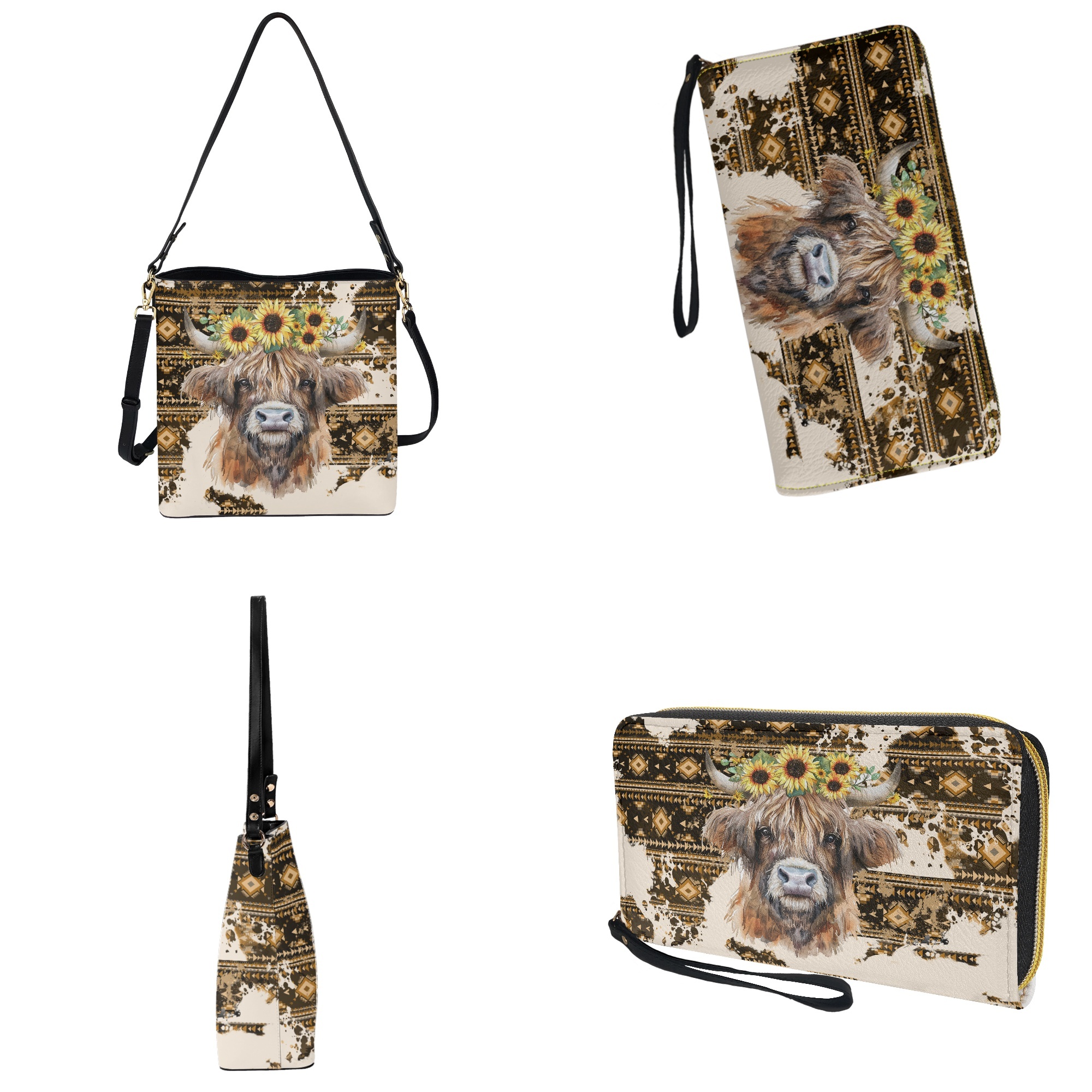 ZUXONGSY Aztec Highland Cow Sunflower Print Leather Bucket Handbag for Women Large Leather Tote Bag with Wallet Set Crossbody Bucket Bag Purse Wallet Set for Shopping Travel
