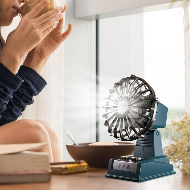 Mini ventilador de escritorio con refrigeración por aire, recargable, con cabezal ajustable, diseño retro, portátil, personal, para enfriar el coche, azul