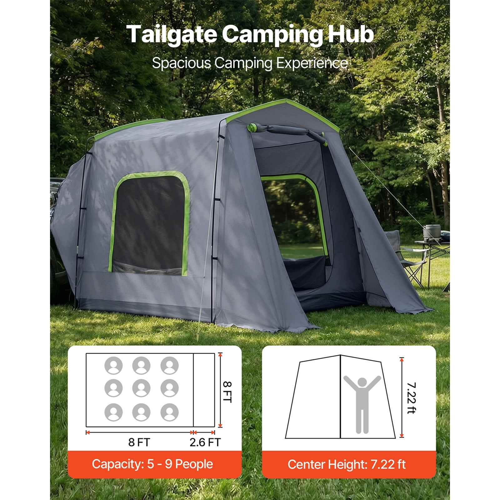 KFFKFF Large SUV Tent for 5–9 People, 10.6 x 8 FT All-Season Tailgate Tent with Ventilated Door & Mesh Windows, PU3000mm Waterproof Dual-Use Car Rear Hatch Tent for Camping and Hiking