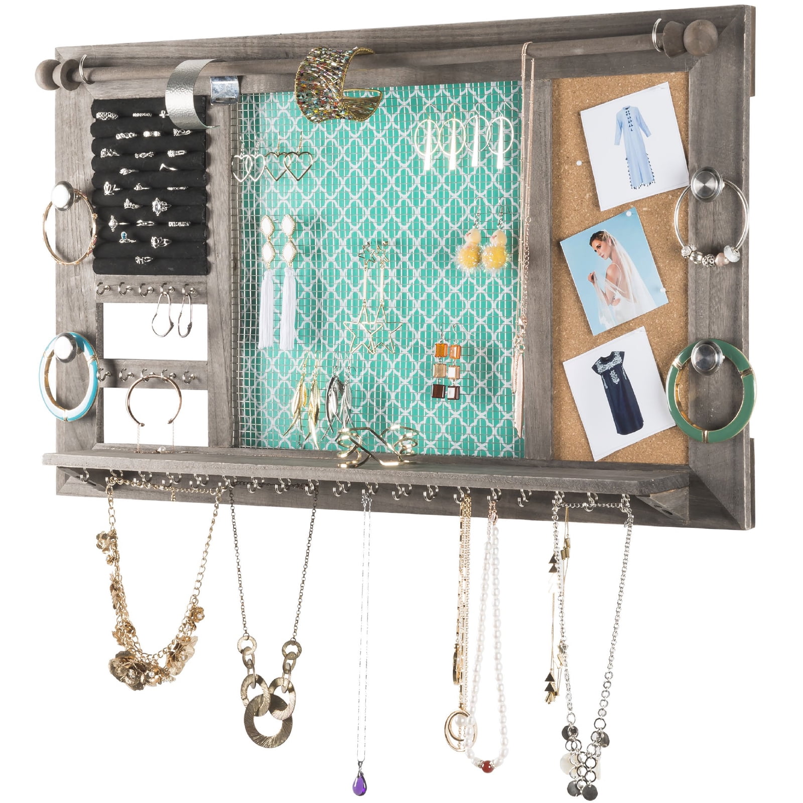 Excello Global Products Rustic Wall Mounted Jewelry Organizer Shabby Chic Jewelry Box Alternative with 5 INTERCHANGABLE Background Options/Bracelet Organizer/Necklace Holder/Earring Organizer
