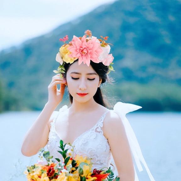 Homoyoyo Pink Floral Crown Headband for Women's with Unique DoubleSided Design Comfortable Elastic Silk Cloth Decoration 20.5 Inches