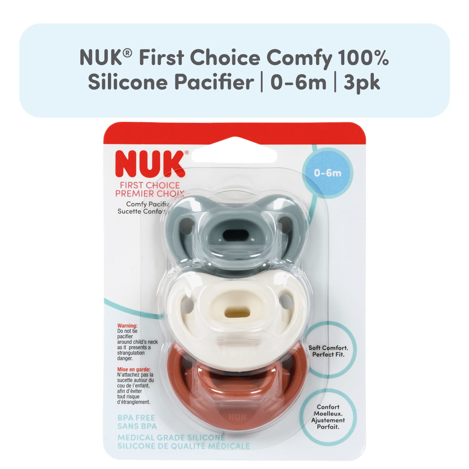 NUK First Choice Comfy 100% Silicone Pacifier, 0-6 months, 3 pack