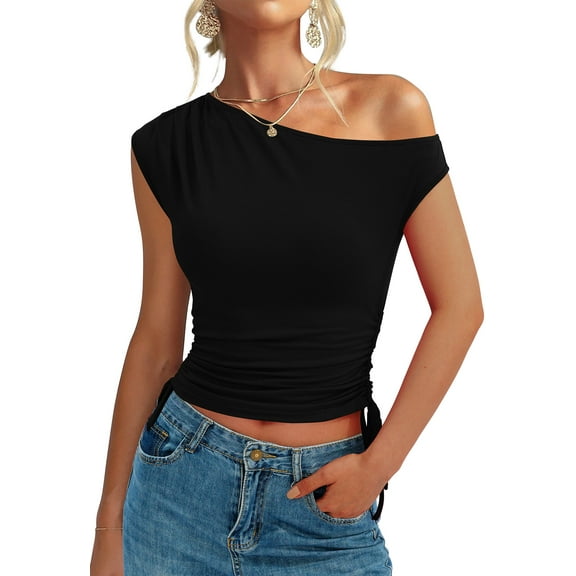 PRETTYGARDEN Womens Off The Shoulder Tops Summer Sleeveless Drawstring Waist Tie Y2k Going Out Top Slim Fit T Shirts