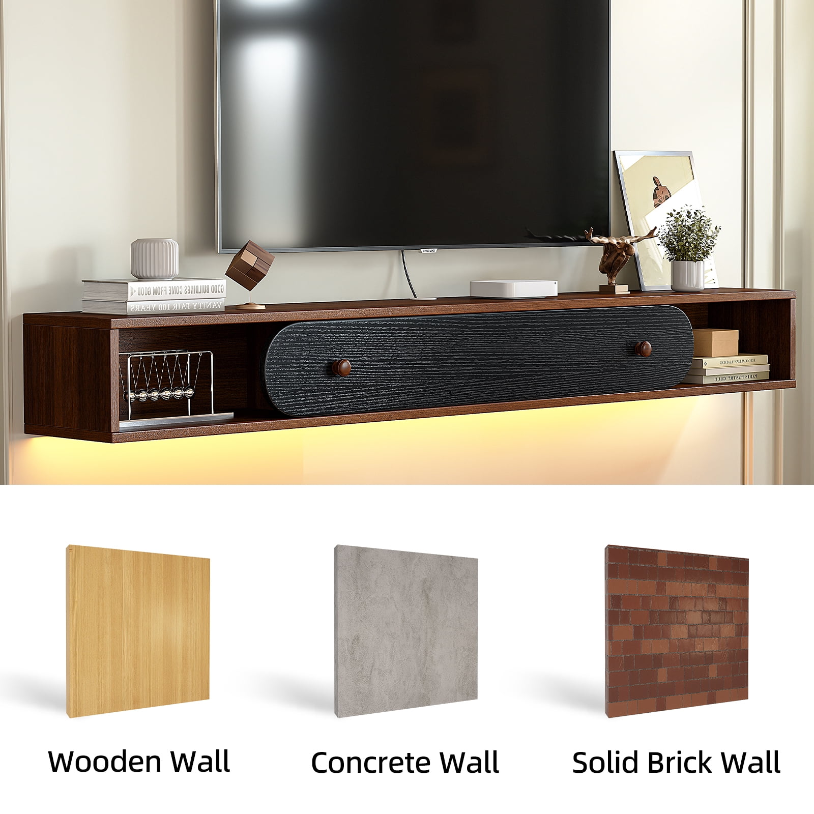 FloatiCasa 47" Wood Grain Floating TV Stand Wall-Mounted Entertainment Center for TVs up to 50" Floating Media Console