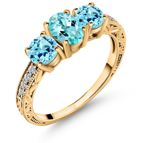 Gem Stone King 1.93 Ct Oval Blue Apatite 18K Yellow Gold Plated Silver Ring (Size 9)