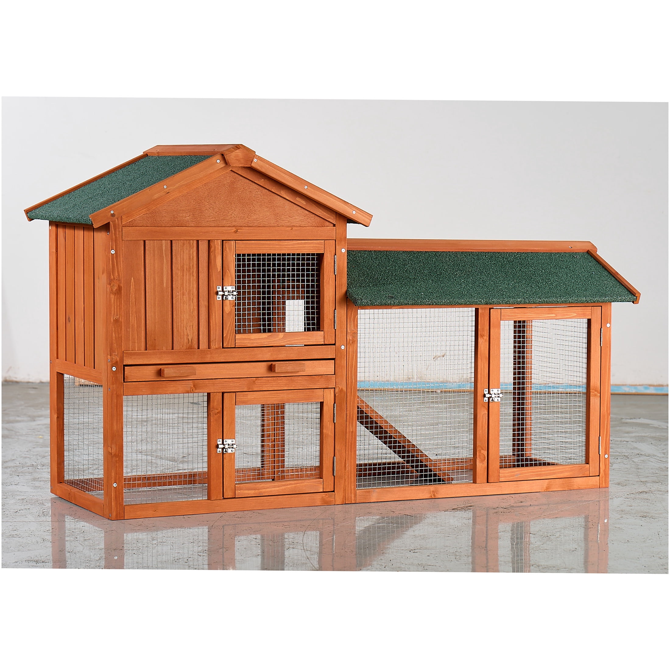 JERFIT Large Outdoor Rabbit Hutch with Waterproof Roof, 2-Story Wooden Bunny Cage with Pull-Out Tray, Ramp & Run for Rabbits, Guinea Pigs, Chickens