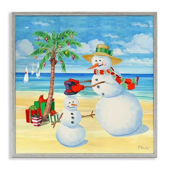 Stupell Industries Tropical Festive Snowman Beach Gray Framed Giclee Art, 24 x 24, by Paul Brent