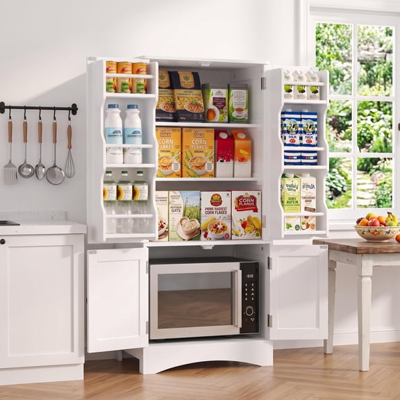 Pantry Storage Cabinet, Asofer 43" kitchen Storage Cupboard w/ Microwave Stand & 4 Doors, 8 Shelves for Dining Room - White
