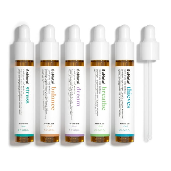 Benatu Mélange d'Huiles Essentielles avec Compte-Gouttes, Cadeau de Parfum Naturel pour Femmes et Hommes, Ensemble d'Aromathérapie Biologique pour Diffuseur, Maison, Corps Massage Topique (Rêver, Respirer, Équilibrer, Stress, Théives)