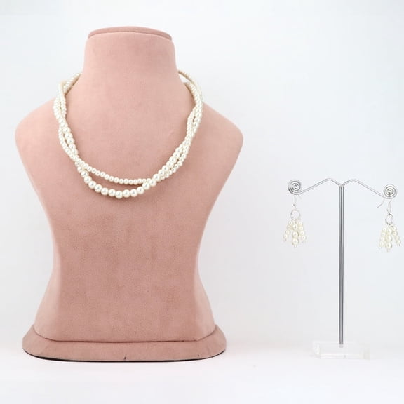 De-Lemon Classic Multi-Strand White Pearl Necklace and Earring Set