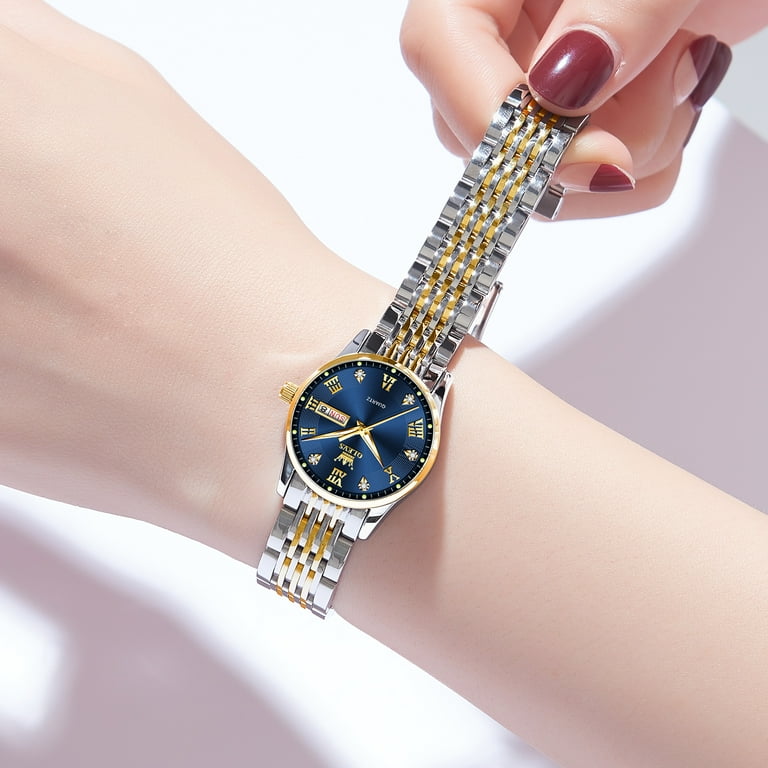 OLEVS Gold Sliver Womens Watches Blue Dial Watches With Day Date Two Tone Stainless Steel Watches For Women Waterproof Ladies Watches Roman Numerals