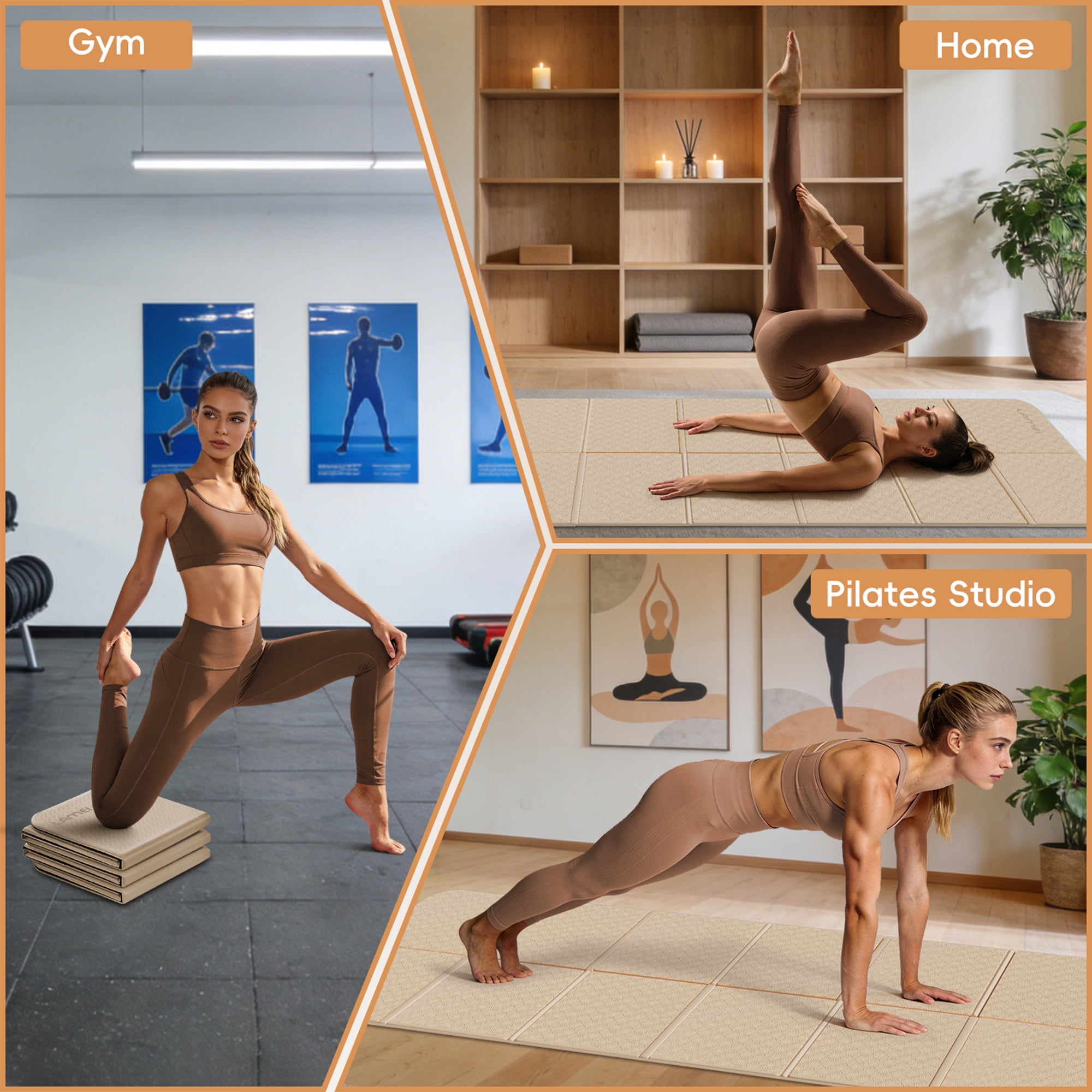 LAMEI Foldable Yoga Mat for Travel, 6mm Thick TPE Pilates Mat Thick, Non Slip Folding Exercise Mats for Home Workout with Bag(Beige+Black)