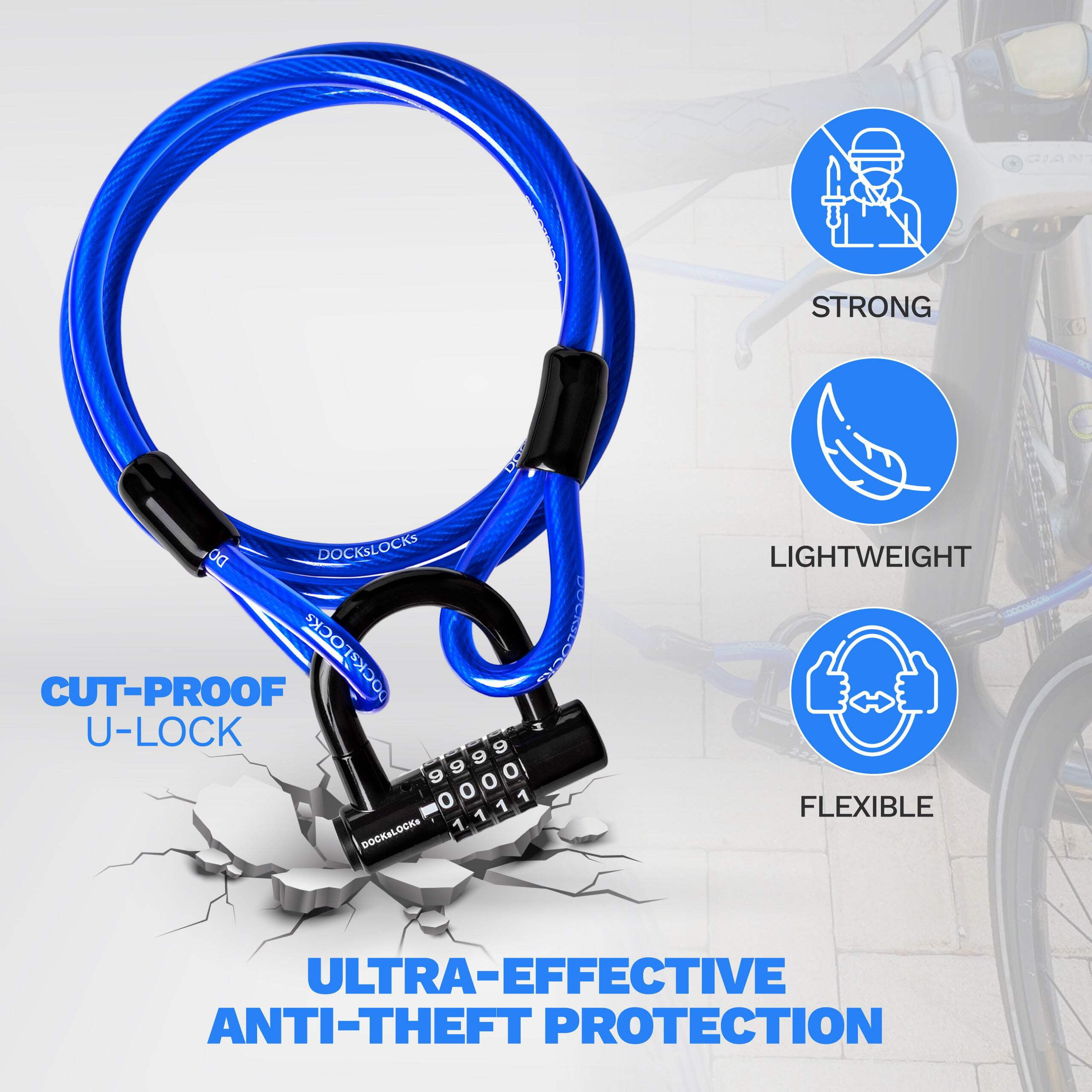 DocksLocks 10ft Weatherproof Straight Security Cable with U-Lock - Anti-Theft, Heavy Duty, Durable Outdoor Security for Kayaks, Bikes, Scooters - 1.8 lbs