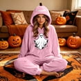 thumbnail image 6 of Matching Halloween Pumpkin Onesie Costume for Couple, Flannel Hooded Pumpkin Pajamas with Flying Ghost and Broom Print, Halloween Pajamas for Adults, Oversized Jumpsuit Loungewear for Trick or Treat, 6 of 9