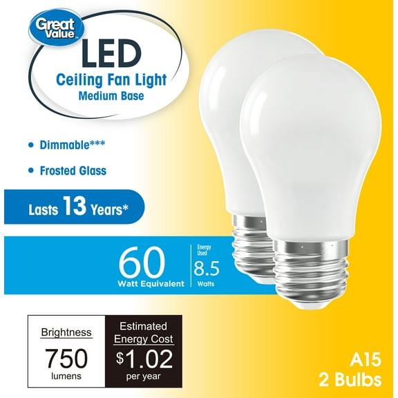 Great Value A15 LED 8.5W (60W Equivalent) Soft White Ceiling Fan E26 Medium Base Light Bulbs, Dimmable, 2 Pack