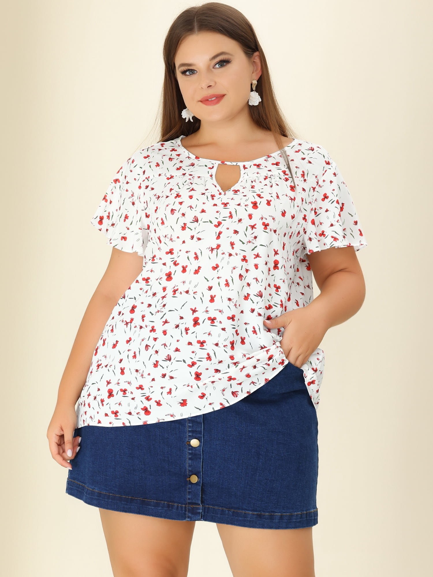 DARING DIVA Women's Plus Ruffle Short Sleeve Keyhole Chiffon Blouse L White Red