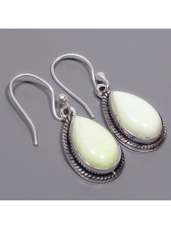 Lemon Chrysophrase - Tanzania 925 Sterling Silver Bali Earring 1.37" A370, Handmade Jewelry, Dangle Earring