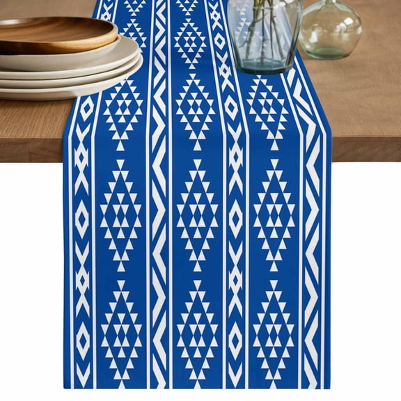 Blue Boho Table Runner 72 Inches, Abstract Geometric Bohemia Ethnic Striped Bed Runner Dresser Scarves Tabletop for Indoor Outdoor Parties/Ceremony/Banquet, 16" x 72"
